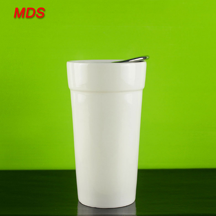 Creative gift white double wall porcelain cup with lid suit