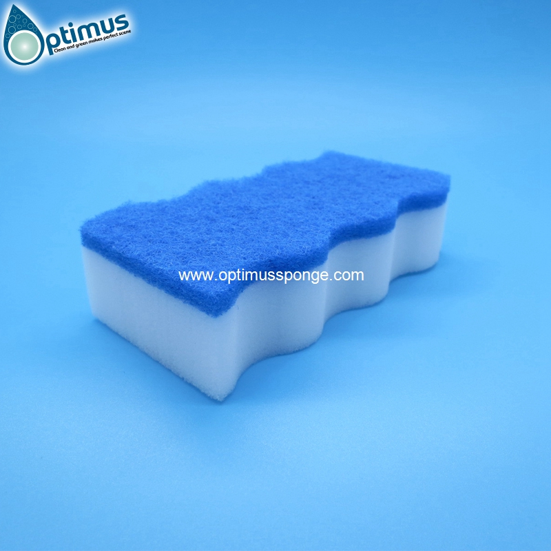 wave shaped sponge white kitchen cleaning sponge with blue nylong scouring pad