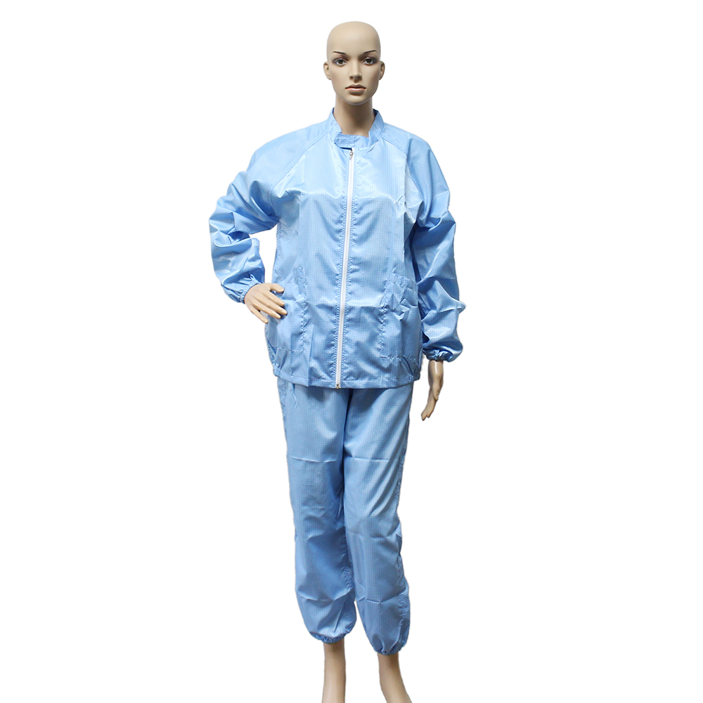 Antistatic Customize Polyester Cotton Material Esd Jacket Blue Grid Fabric ESD Smock Coverall With Button Zipper for Cleanroom Working