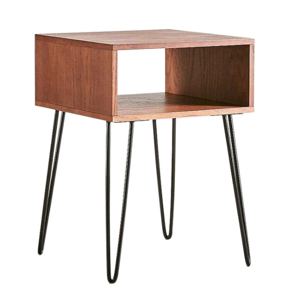Modern Natural Brown Single Open Drawer Bed Side Table with Black Hairpin Leg