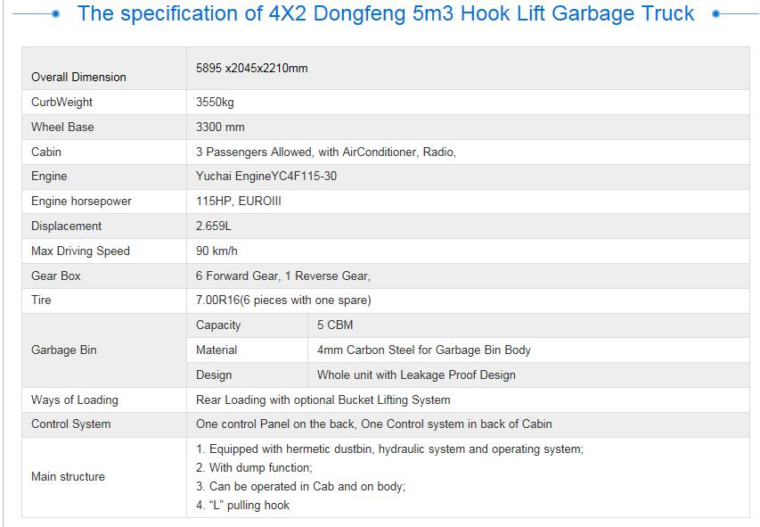 4X2 Dongfeng 5m3 Hook Lift Garbage Trucks 