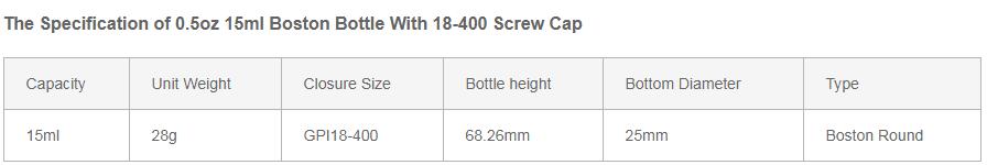 0.5oz 15ml Boston Bottle With 18-400 Screw Cap