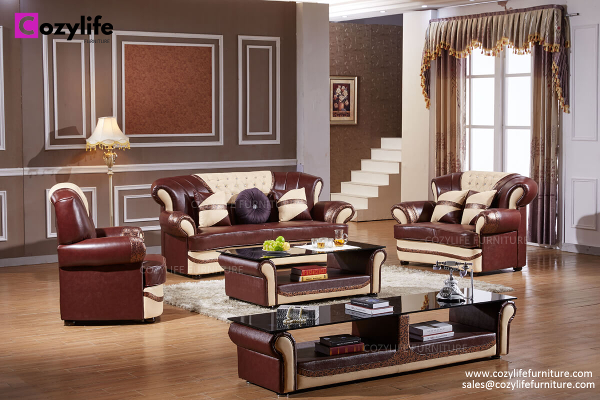Luxury chesterfield sofa design with coffee table, TV table and ottoman.
