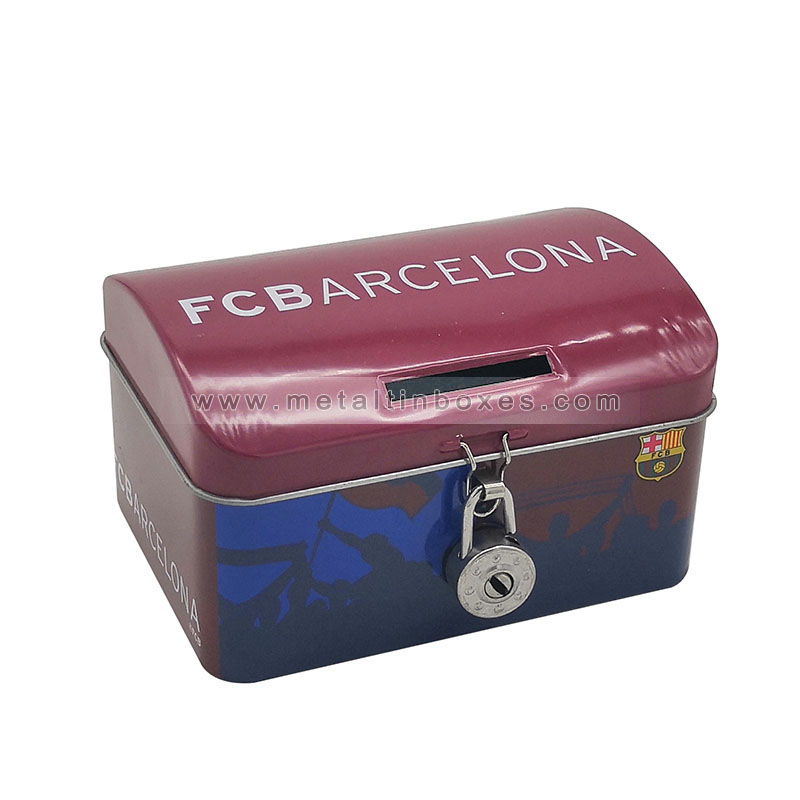 Hinged tin coin bank with lock and key