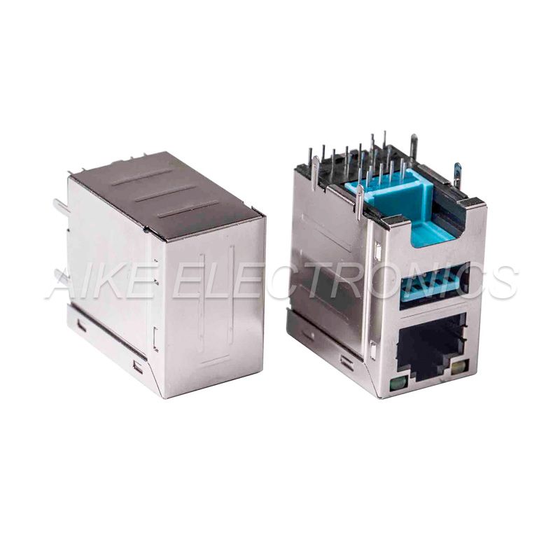 Height Increased Connector RJ45 female 8P8C,Tab up, DIP TYPE With shell + USB3.0 A Type Female,Right Angled, DIP Type without shell