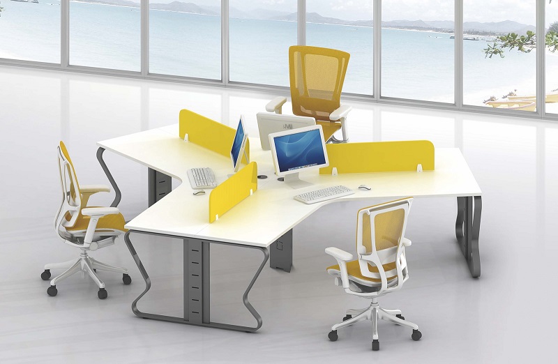 B shape 3 person staff use office desk workstation 120 degree distribute