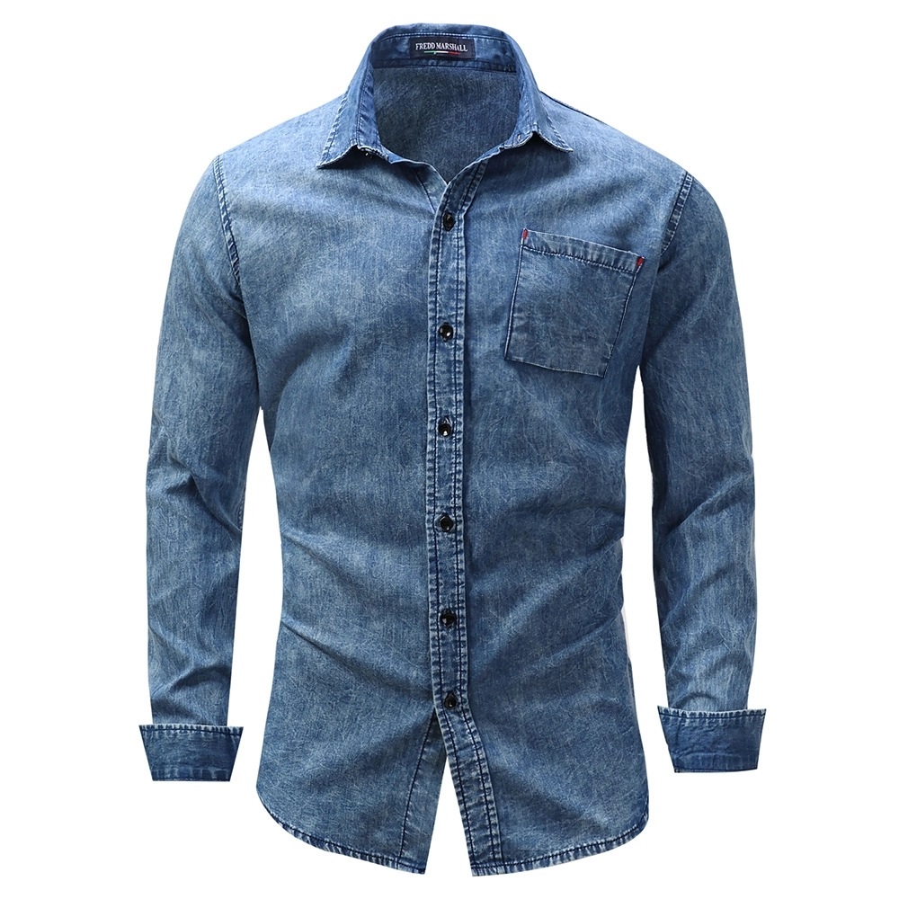 工厂供应商定制牛仔面料时尚现代蓝色男士牛仔衬衫长袖衬衫