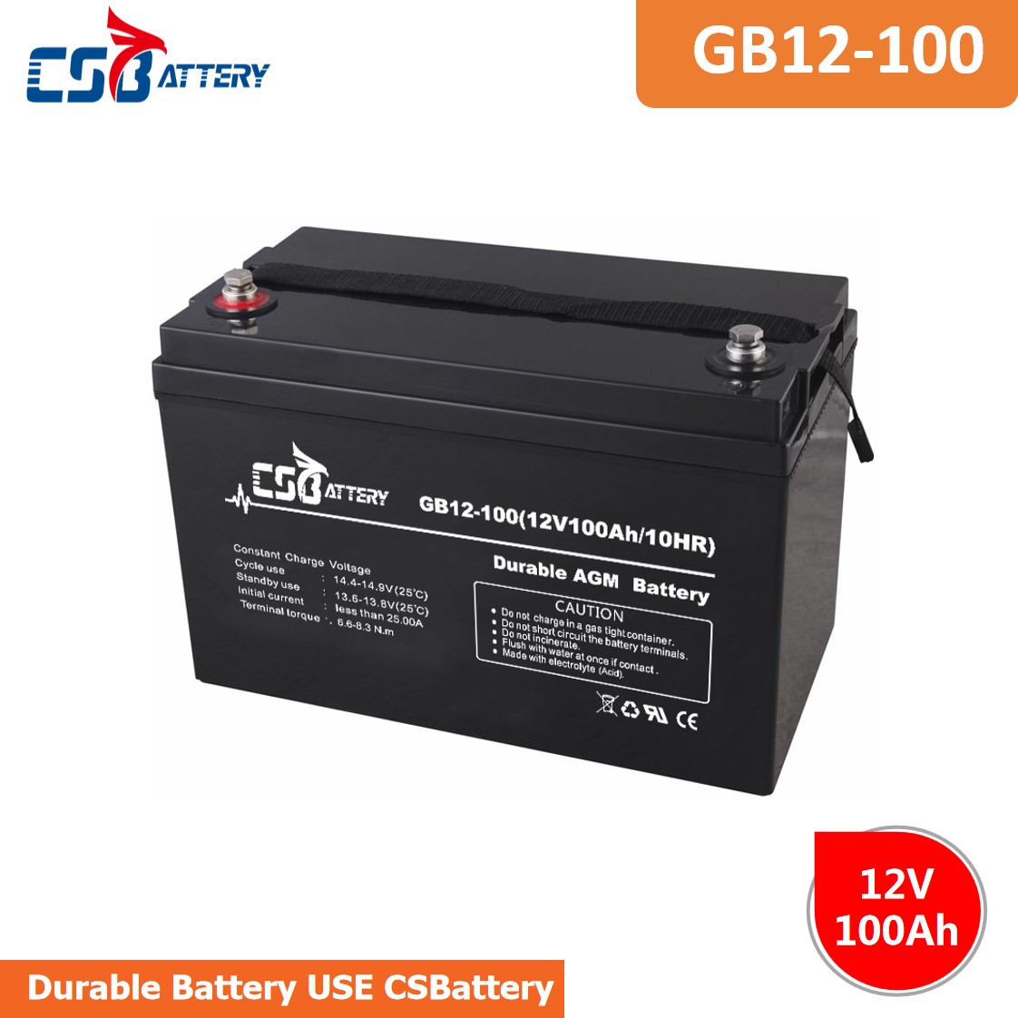 CSBattery 12V 100Ah power-storage  Lead acid battery for Electric-vehicle/Fireproof-power-supply/backup-power-supply 							