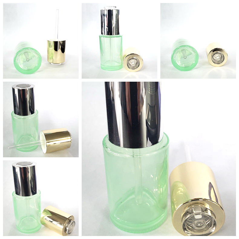 mint color glass bottle with silver or gold pop up press dropper pipette for serum essence lotion milk  can custom private label