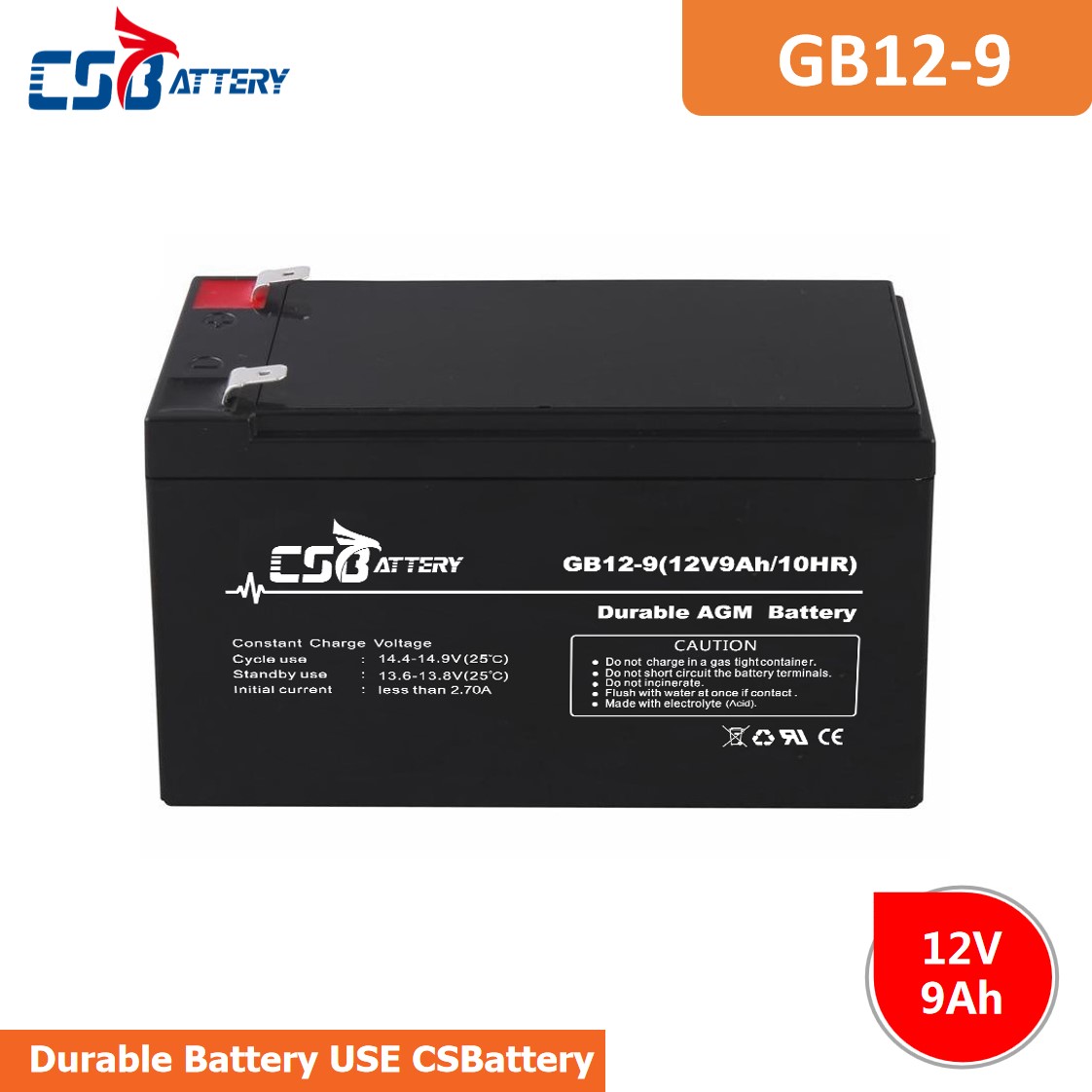 CSBattery 12V 9Ah free-Maintenance- AGM battery for Power-Station/Fire/Security-System/motor/Buggies/forklift 							