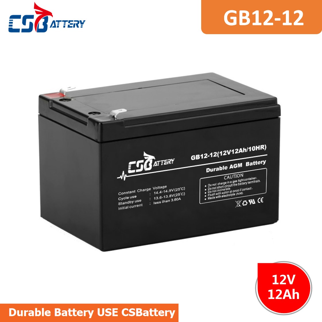 CSBattery 12V 12Ah SMF-rechargeable  Lead acid battery for Home-Appliances/Electric-Vehicle/Solar-Panel/power-tools 							