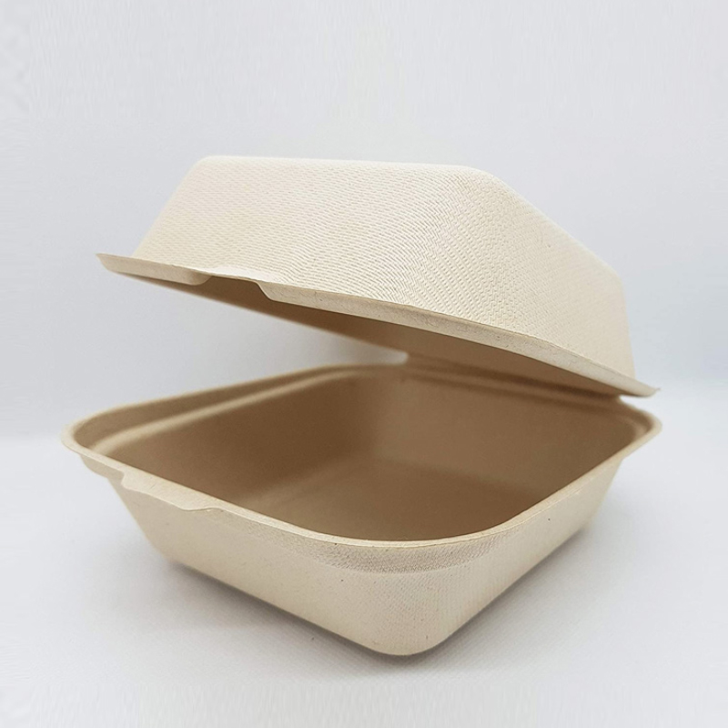 6 Inch Pulp Paper Biodegradable Fast Food Takeout Clamshell Burger Box Bagasse Food Container