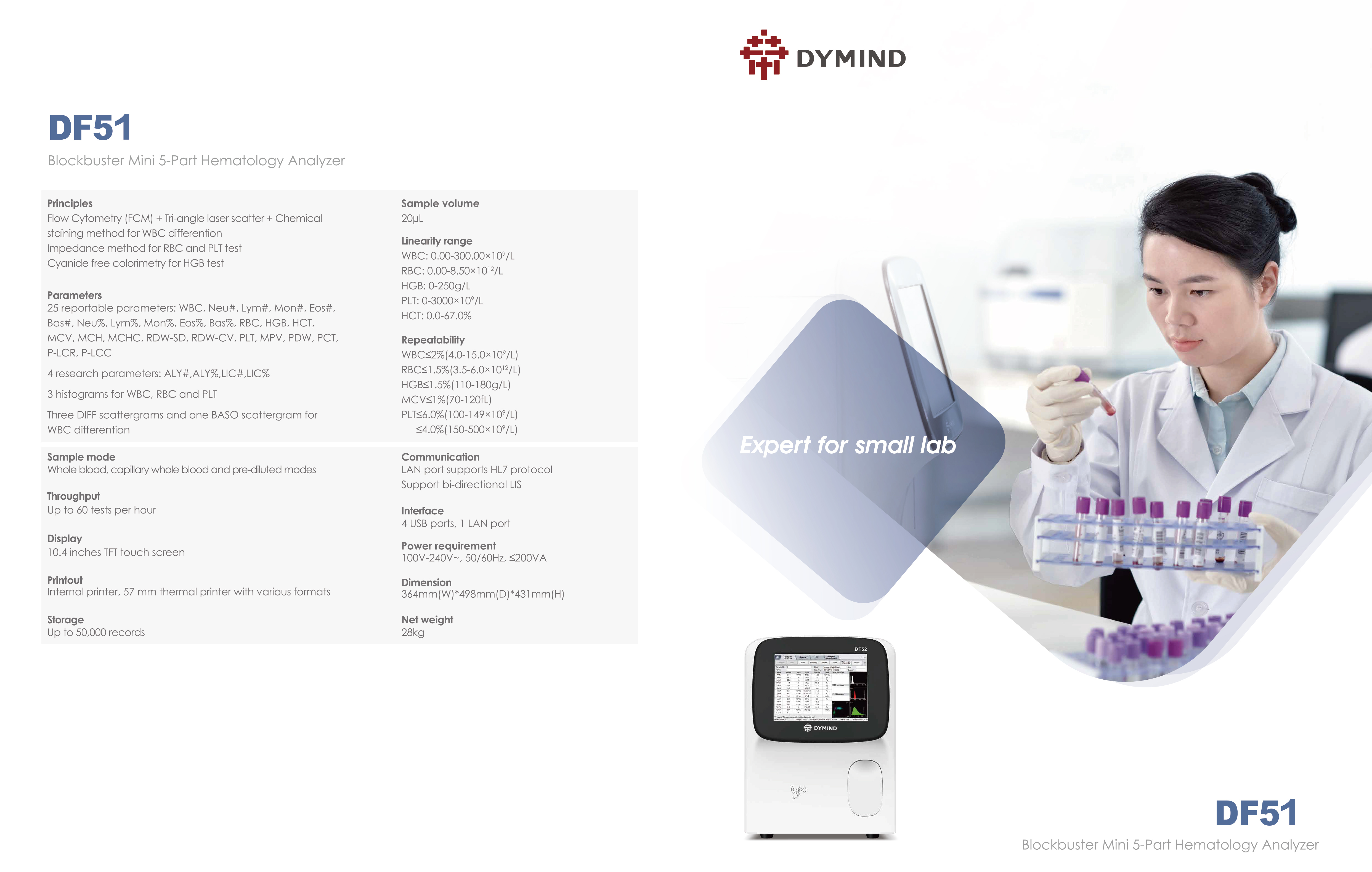 Dymind DF50 DF51 DF55 Blockbuster Mini 5-Part Hematology Analyzer