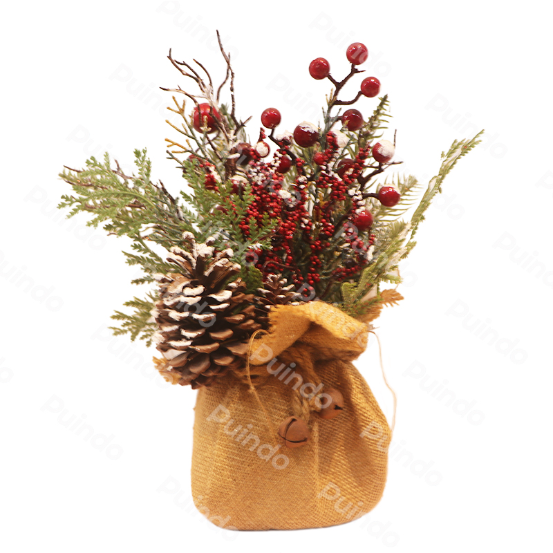Puindo Wholesale Christmas Bonsai Ornament with Pine cone Berry Potted Plants Spray Snow Potted Tree for Home Xmas Decorations