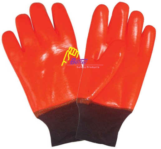 Fluorescent PVC fully dipped,smooth finished, foam & interlock lining, knit wrist work gloves-bgpc501