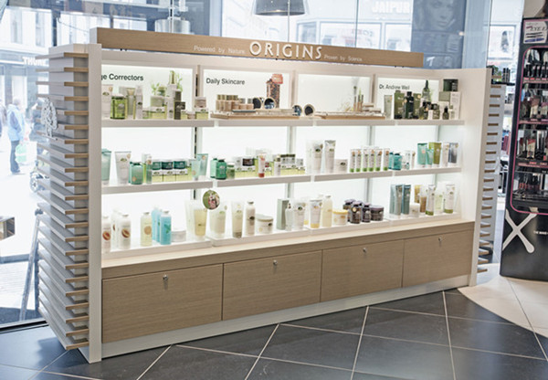 High end store wooden stand cosmetic display unit for Origins