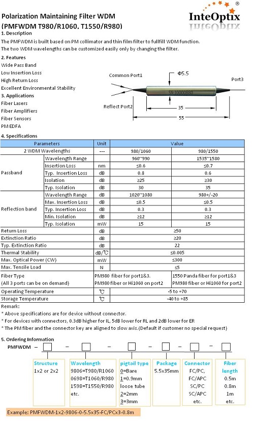 Polarization Maintaining Filter WDM (PMFWDM T980/R1060, T1550/R980)