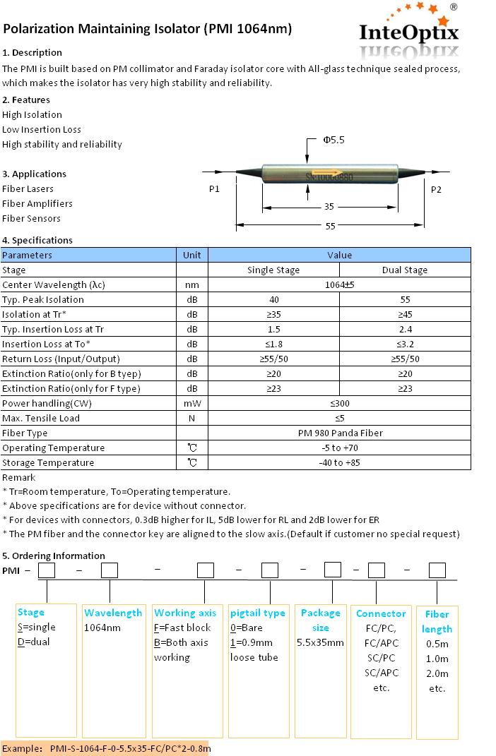 Polarization Maintaining Isolator (PMI 1064nm)