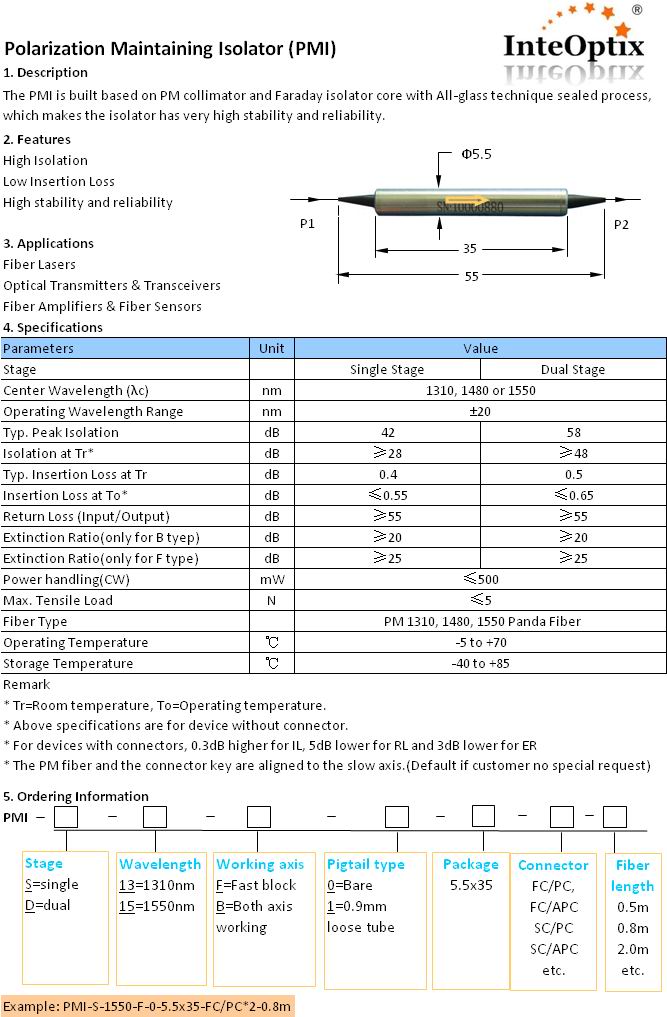 Polarization Maintaining Isolator (PMI1315nm)