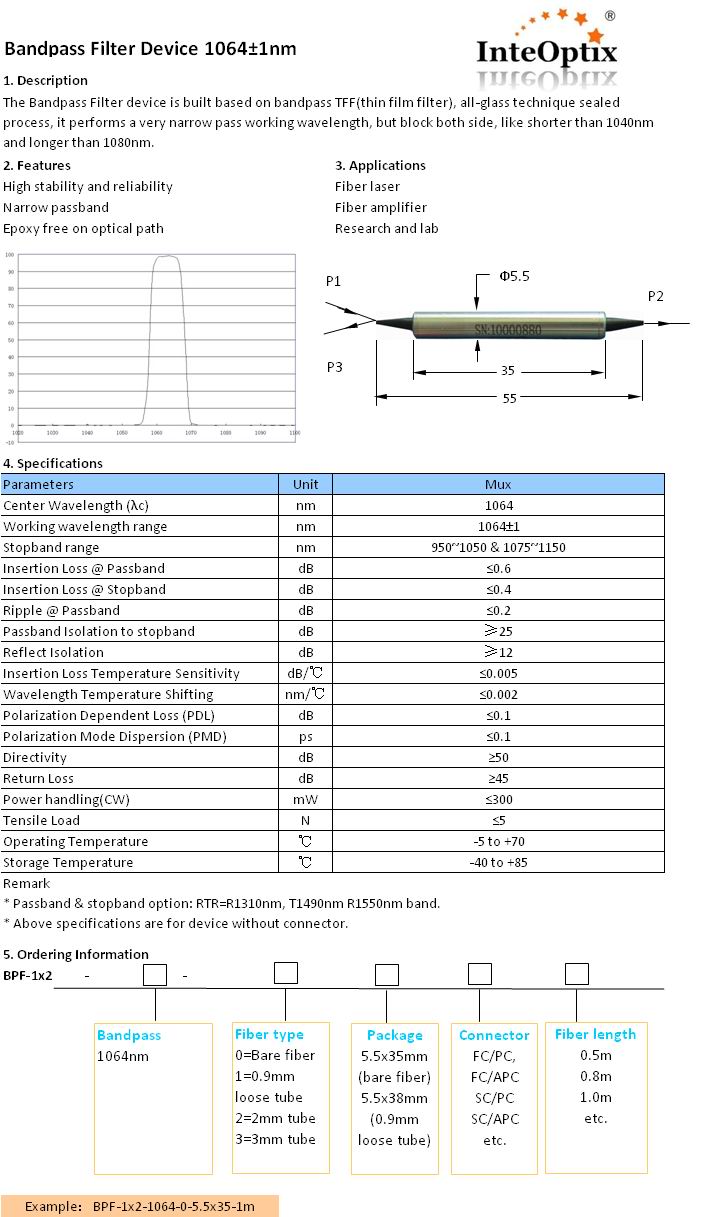 Устройство полосовой фильтр 1064±1 нм