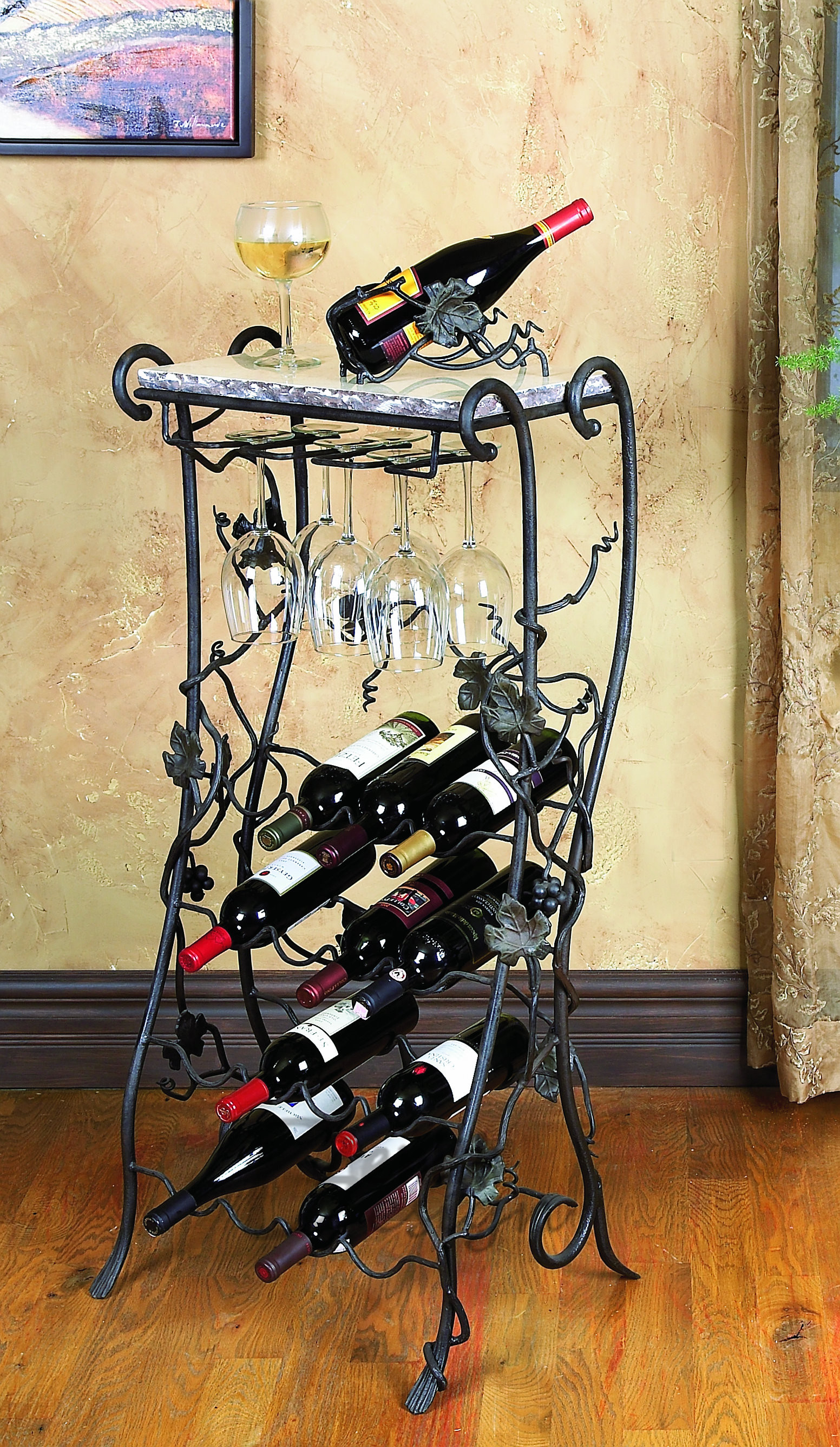 Wrought Iron Multifunction Vineyard 16 Bottle Wine Rack Server of Large Red Wine Rack
