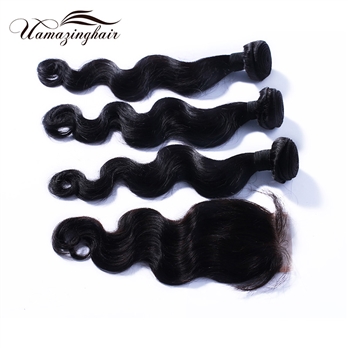 Indian virgin hair 3 bundles Body Wave with 3.5*4 Free part lace top closure