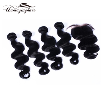 Indian virgin hair 4 bundles Body Wave with 3.5*4 Free part lace top closure