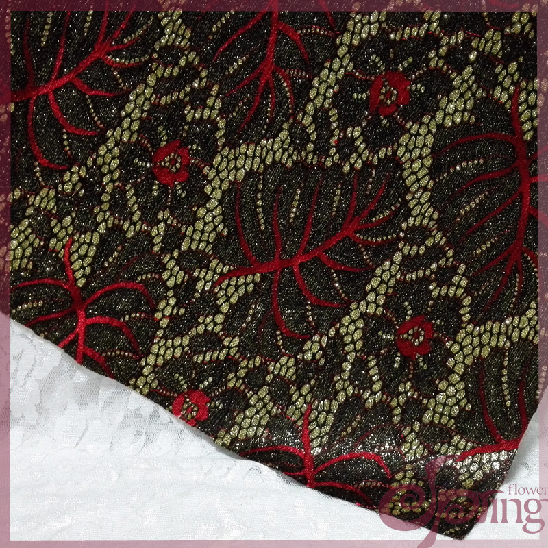 [F71524]Jacquard leaves sparkle bonded lace fabric(red)