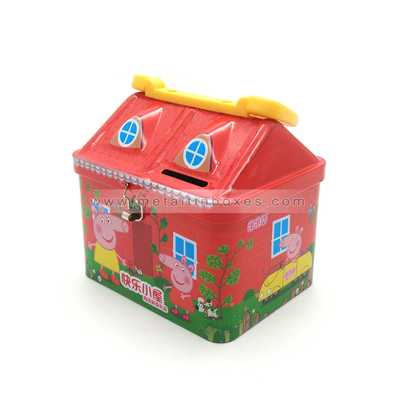 House roof piggy bank cheap factory tin box saving coin bank with lock