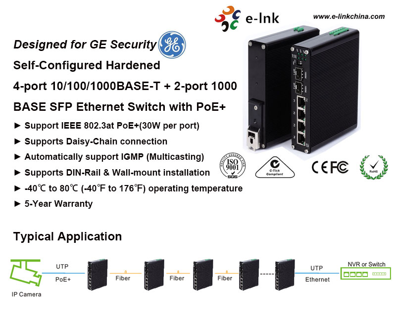 Self-Configured Hardened 4-port 10/100/1000BASE-T + 2-port 1000BASE SFP Ethernet Switch with PoE+