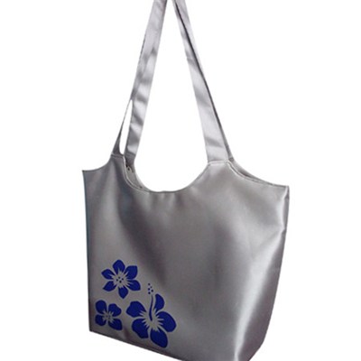 Large Zipper Silver Beach Bag With Blue Flower Printed Tote Bag