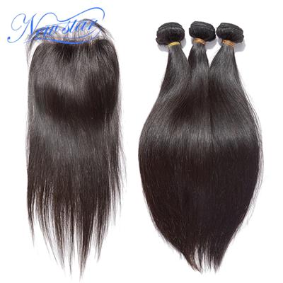 6a New Star Hair Mixed Length Brazilian Virgin Human Hair Weave Straight Bundles With Lace Closure Bleached Knots 4*4 Free Style