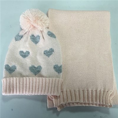 Fashion contrast color kid heart jacquard knitted scarf hat sets manufacturers