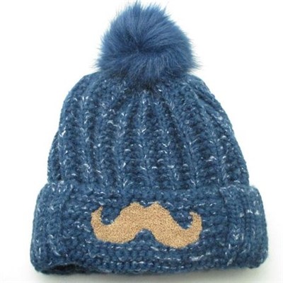 Quality Acrylic contrast color jacquard knitted lady flanging hat with pom and embroidered mustache