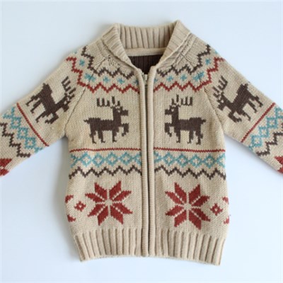 Boys Deer Jacquard Zip- Front Cardigan Sweater
