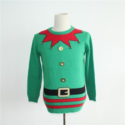 Ugly Crew Neck Christmas Sweater With Belt Bells And Buttons