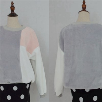 Women Sport Pullover Sweater In Soft Fluffy Patchwork Fur Fabric