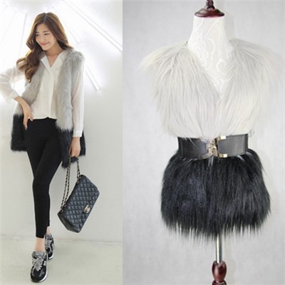 Women's Faux Fur Trim Winter Crew Neck Vest Spliced Waistcoat Black Patchwork Gilet