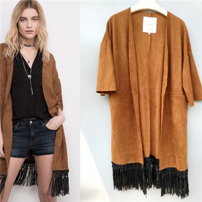 Summer Faux Suede Leather Cardigan With PU Tassel Women Coat