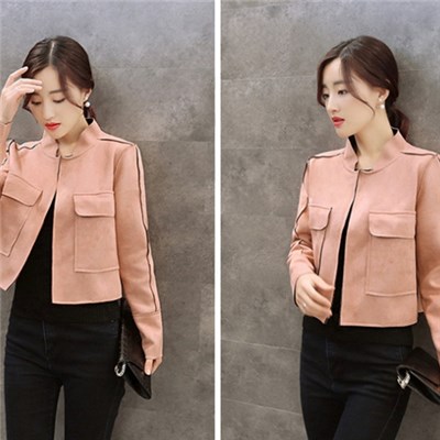 Cropped Women Suede Jacket Military Coat Cardigan Army Dual Pockets Adorned Coat