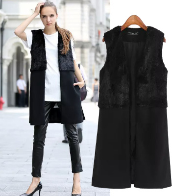 Long Style Faux Fur And Wool Patchwork Black Straight Cut Vest