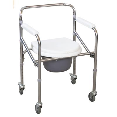 #JL696 – Folding Steel Commode Chair With Plastic Armrests & 3 Wheels
