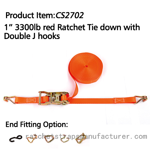 CS2702 1“ 3300lbs red Ratchet Tie down with Double J hooks