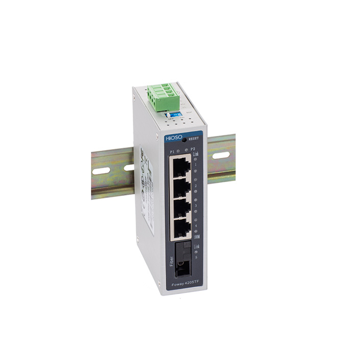 4 10/100/1000M RJ45 ports + 1 1000M FX Rail Type Ethernet switch