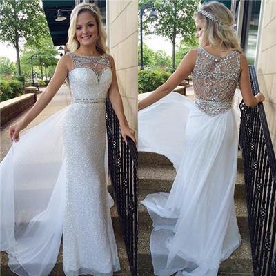Glamorous Sleeveless Crystal White Prom Dress
