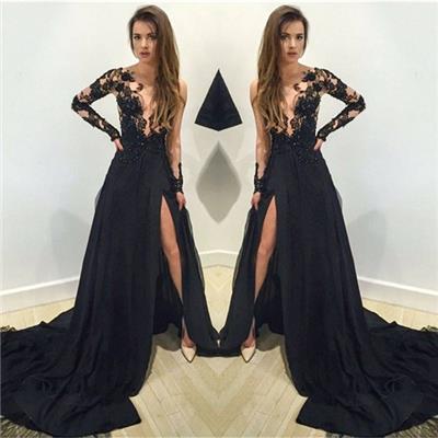 Black Lace Long Sleeve Prom Dress With Split