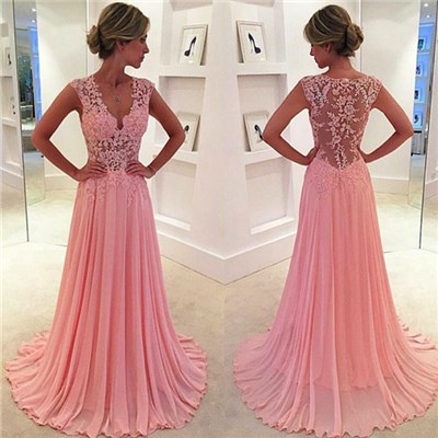 Beautiful Pink Sleeveless Lace Appliques Prom Dresses 2017 Long Chiffon
