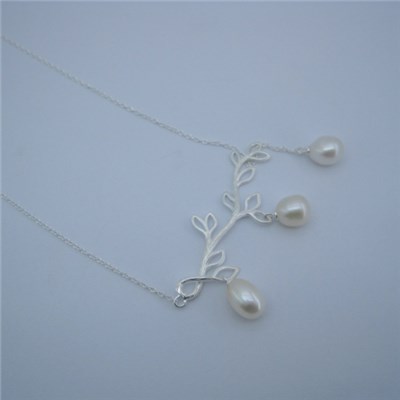 Branch Leaves Rice Shape Pearl Silver Pendants Necklace SSN019