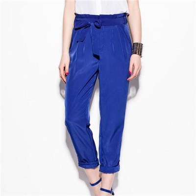 Bright Blue Satin High Decorated Waist With Self-fabric Belt Knot Charming Pants