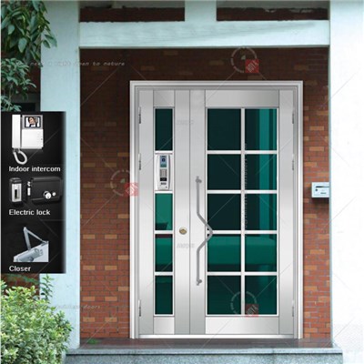 Double Leaf Entrance Intercom Frosted Matte Stainless Steel Door With Electric Digital Card Fingerprint Password Door Lock And Golden Handle For Appartment